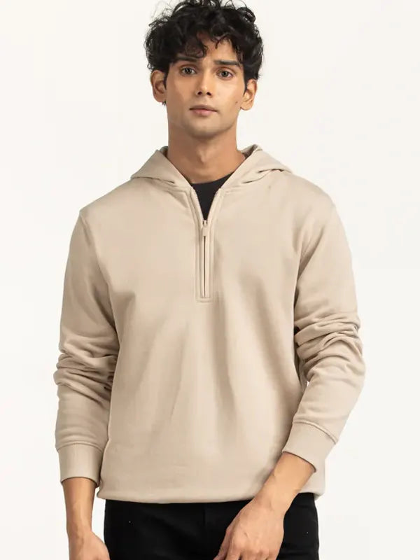 Clyde Regular Fit Beige Half Zip Hoodie