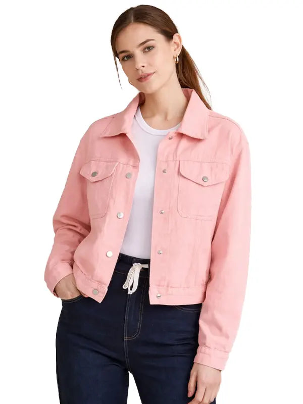 Felicia Heathcote Women's Pink Shirt Collar Denim Jacket