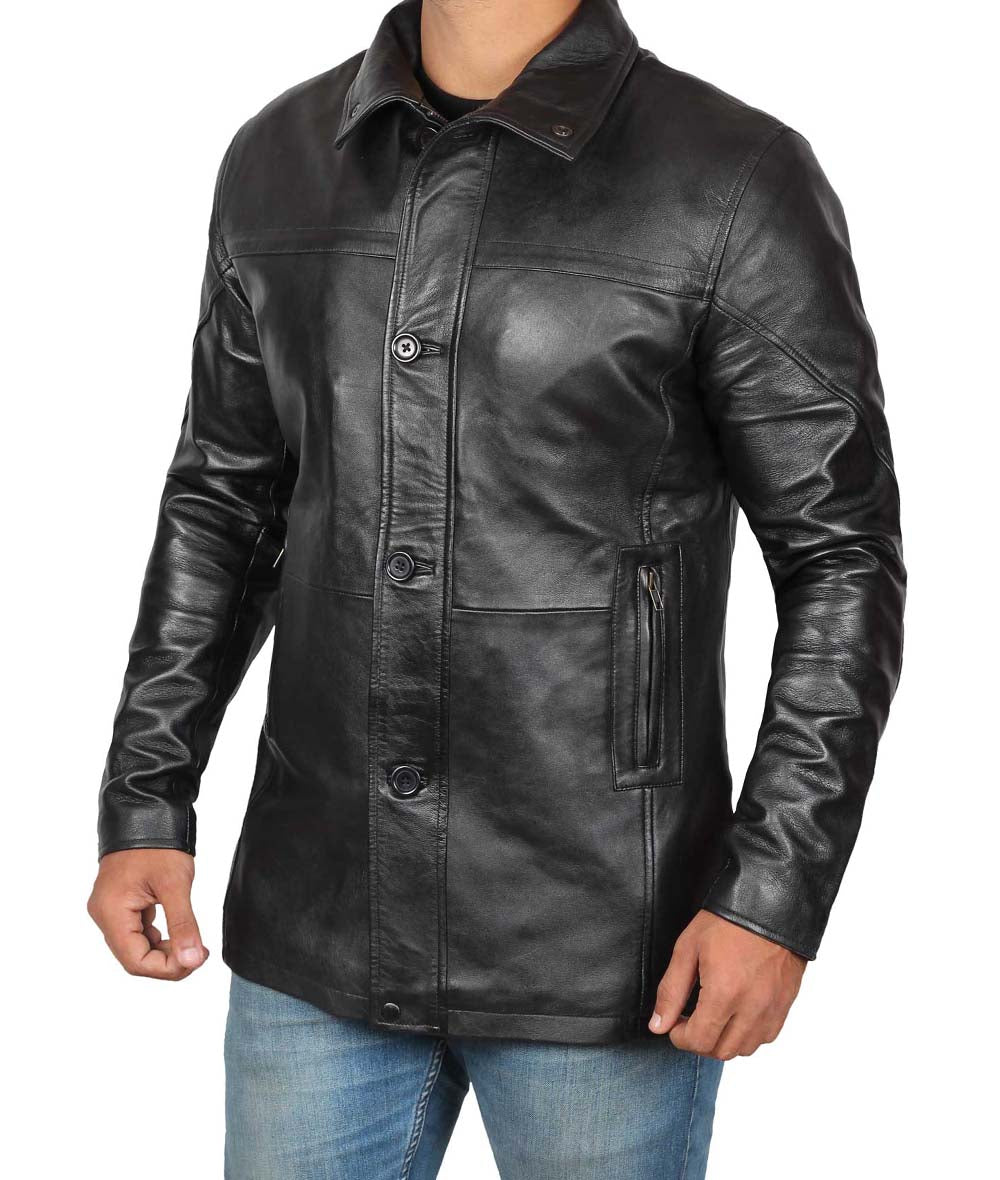 Mens Black Leather Car Coat
