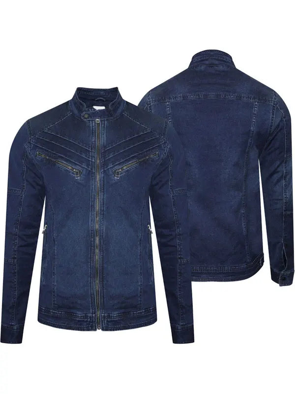 Micheal Blue Denim Erect Collar ZIP Jacket