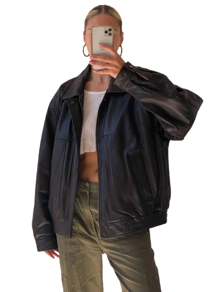 90s Style Leather Bomber Jacket Women, Black Zing Apparel