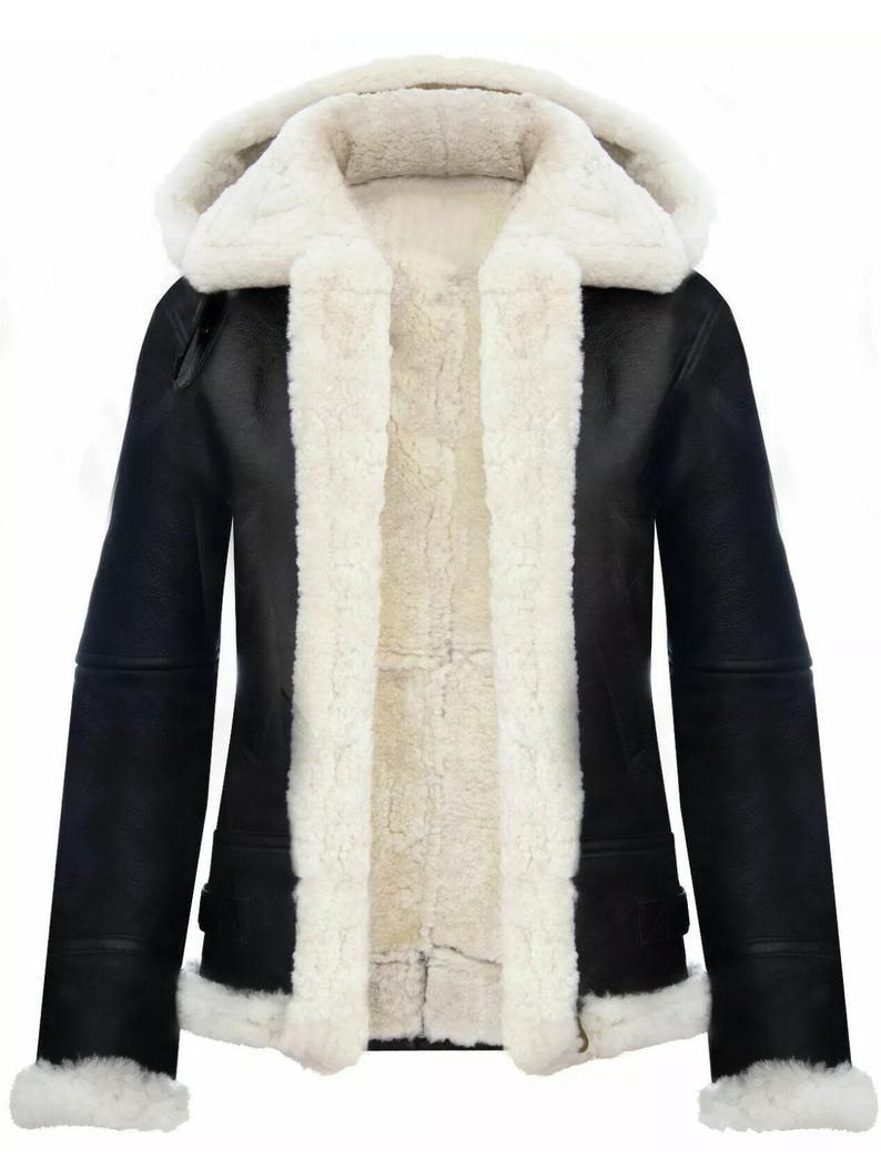 B 3 Premium Black Leather Bomber Shearling Jacket