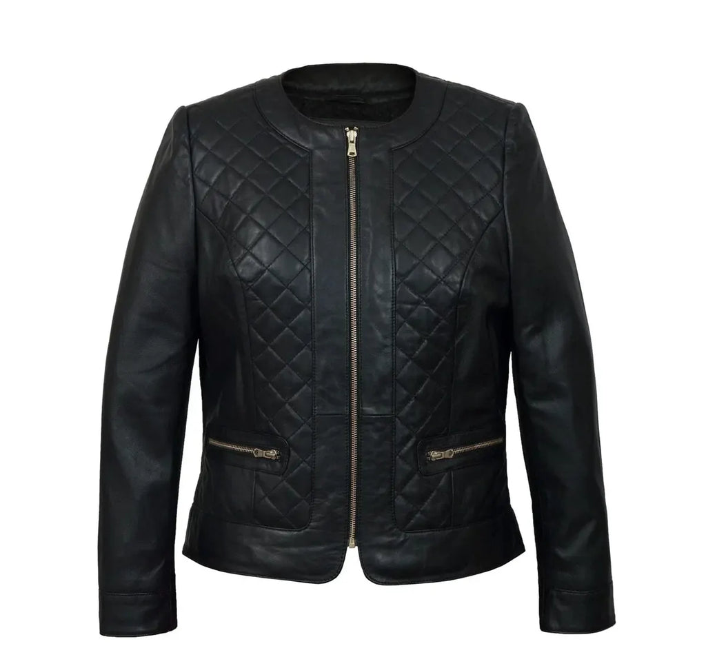 Biker Quilted Leather Jacket Women, Black