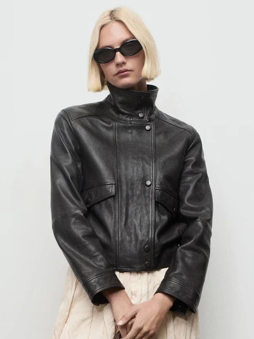 Black High Neck Leather Jacket