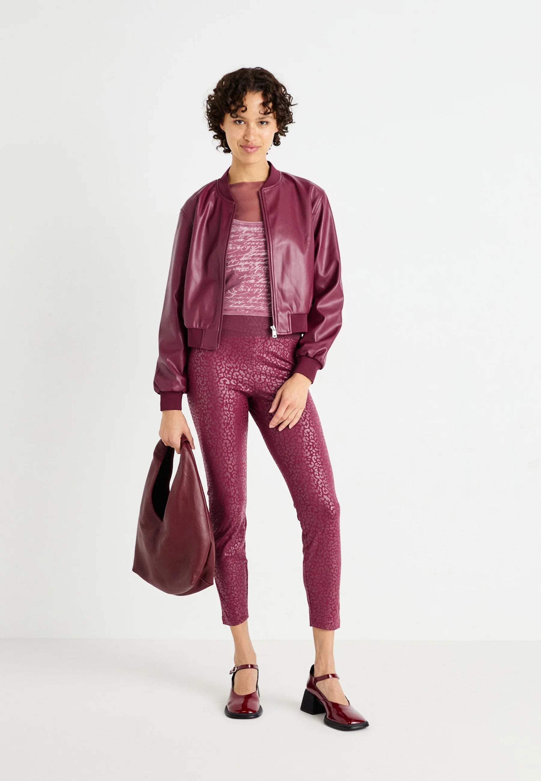 Burgundy leather bomber jacket women