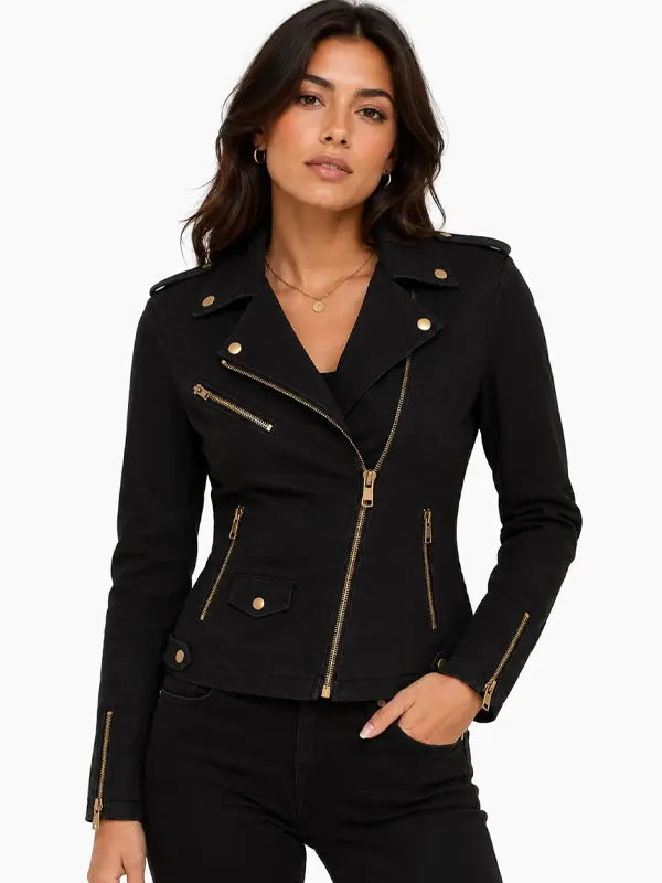 Eliane Johnston Women’s Black Denim Jeans Golden ZIP Jacket
