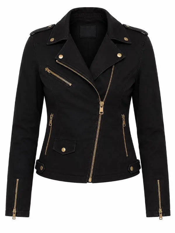 Eliane Johnston Women’s Black Denim Jeans Golden ZIP Jacket
