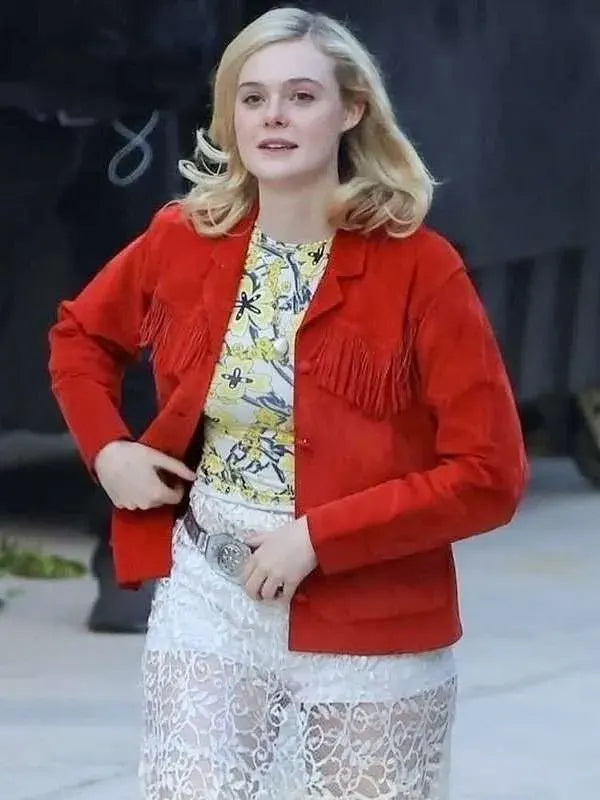 
Elle Fanning Margo’s Got Money Troubles 2026 Red Fringe Jacket
