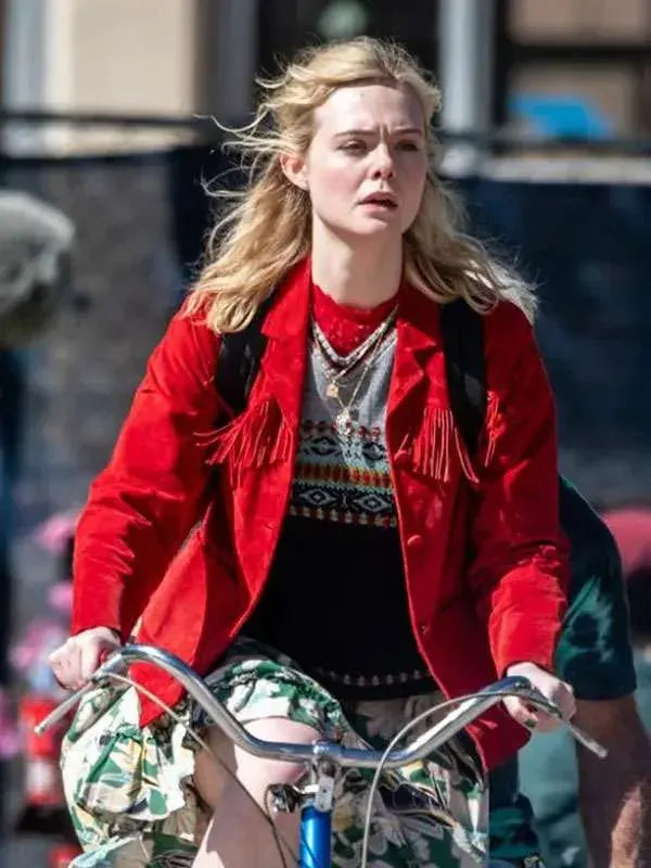 
Elle Fanning Margo’s Got Money Troubles  New Red Fringe Jacket
