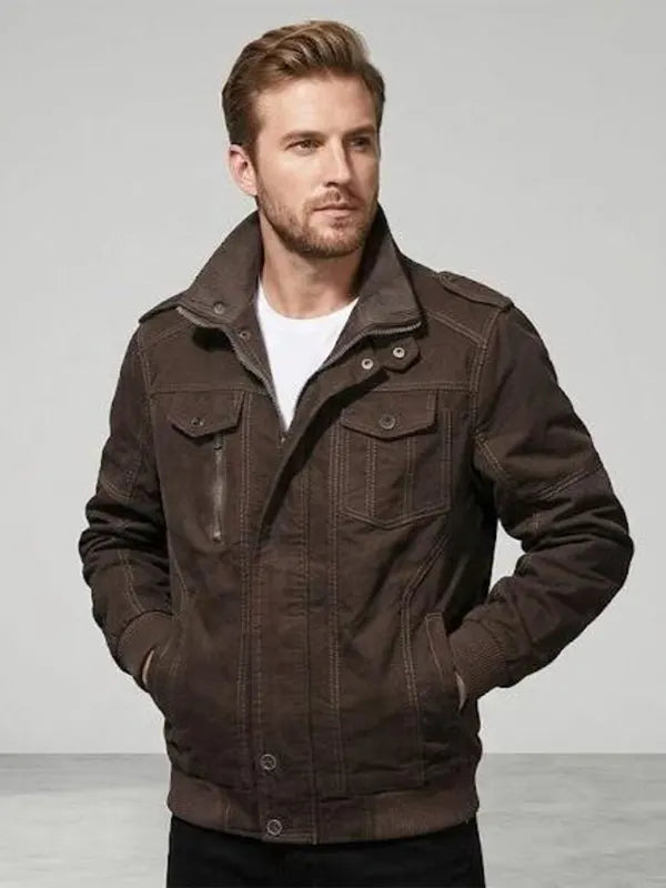 Elliot Funk Men's Dark Brown Cotton Bomber Jacket