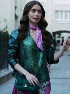 
 Emily in Paris Lily Collins Green Leather  Jacket
