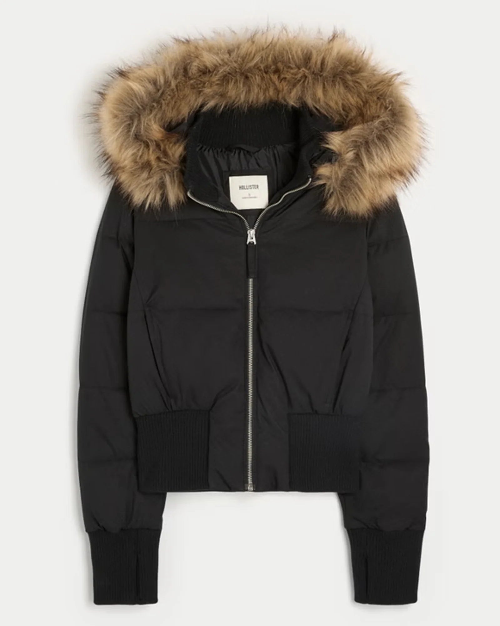 Faux-Fur-Trim-Puffer-Bomber-Jacket-Black