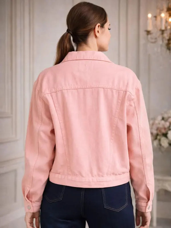 Felicia Heathcote Women's Pink Shirt Collar Denim Jacket