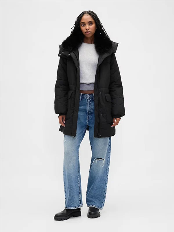 GAP-Faux-Fur-Trim-Midi-Puffer-Jacket-Black