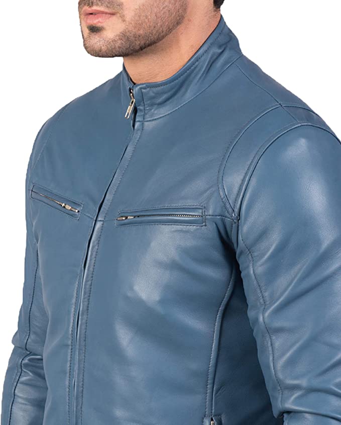 Gatsby Blue Leather Biker Jacket For Men And Women