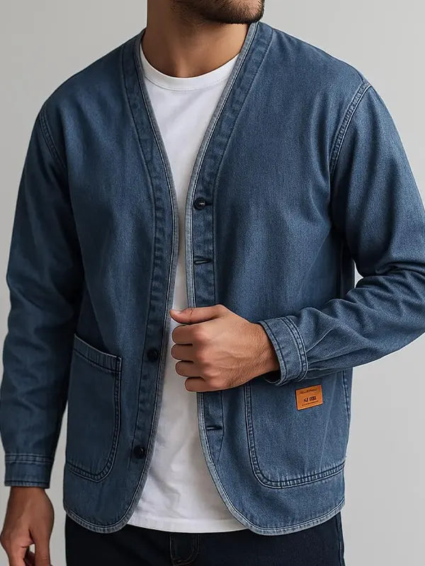 Harold Men's Vintage Style Collarless Denim Jacket