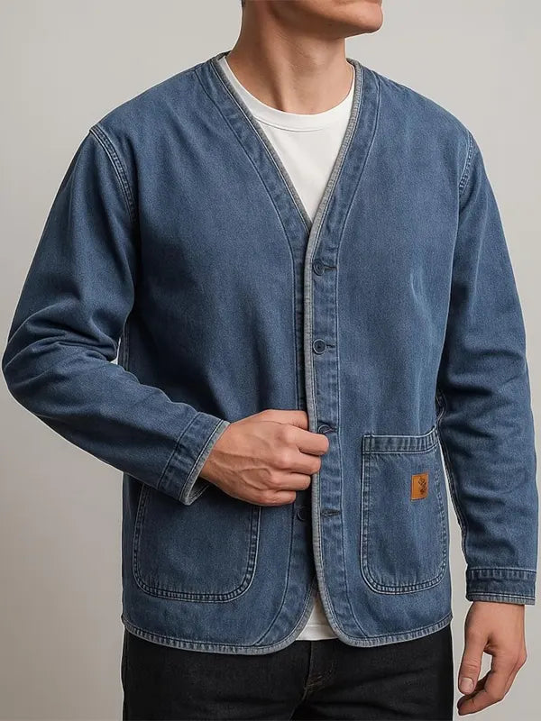 Harold Men's Vintage Style Collarless Denim Jacket