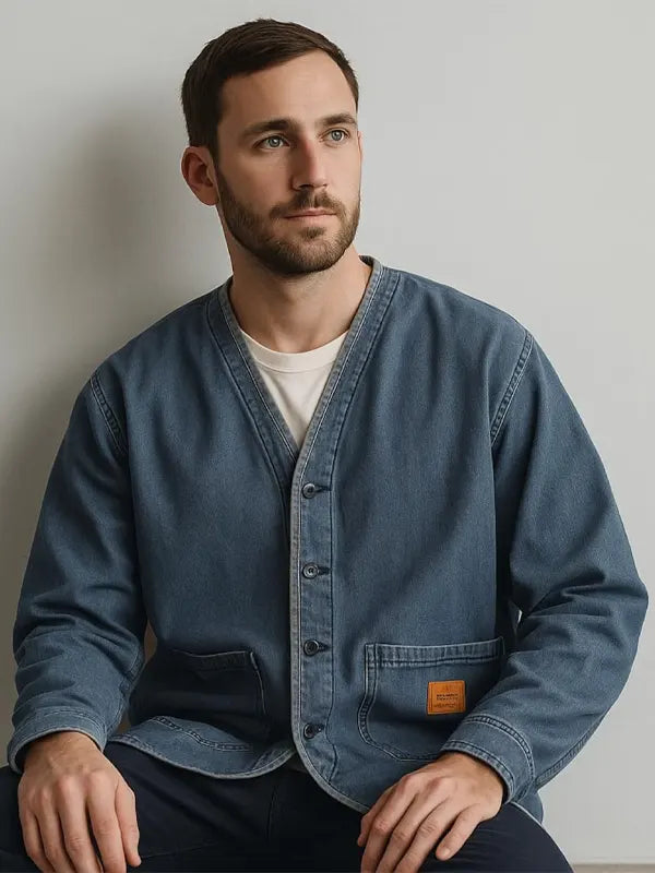Harold Men's Vintage Style Collarless Denim Jacket
