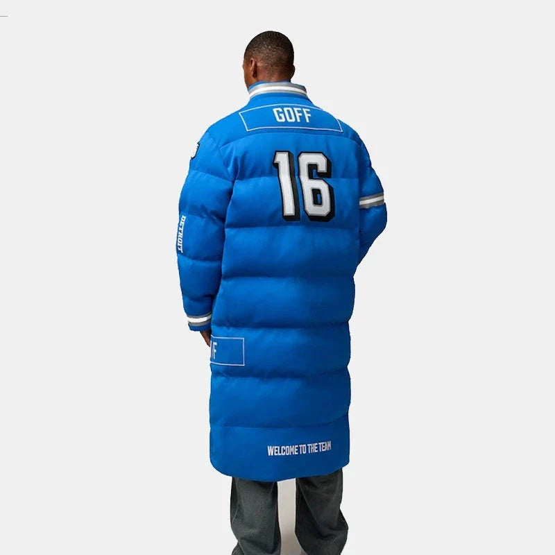Jared Goff Detroit Lions Off Season Puffer Long Coat Zing Apparel