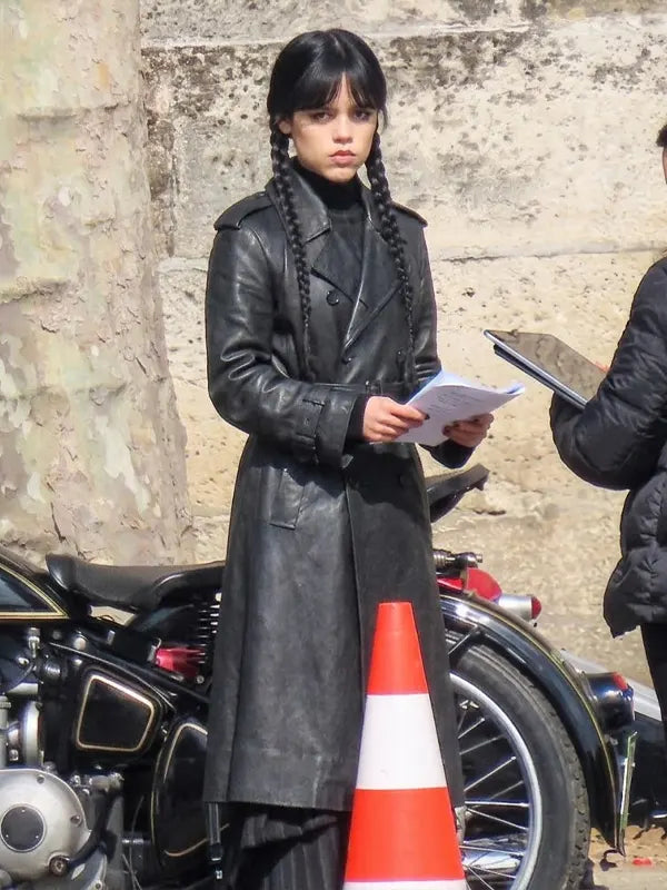  Jenna Ortega Wednesday New  Black Leather Coat