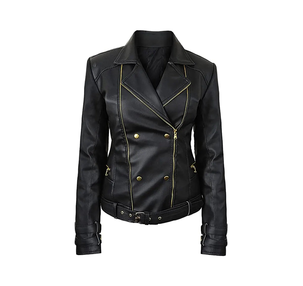 Leather Biker Jacket Women PA218090, Black
