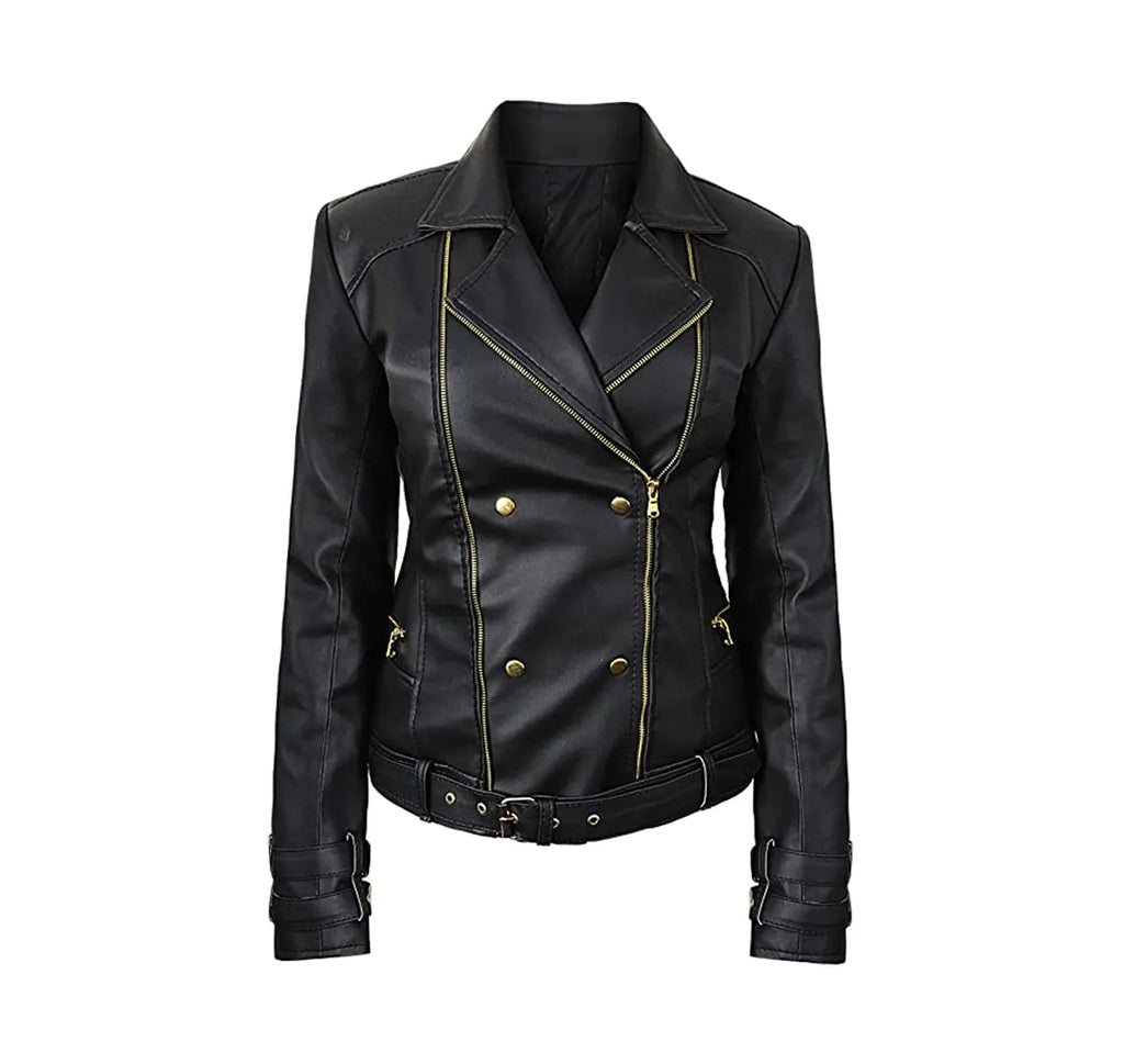 Leather Biker Jacket Women PA218090, Black
