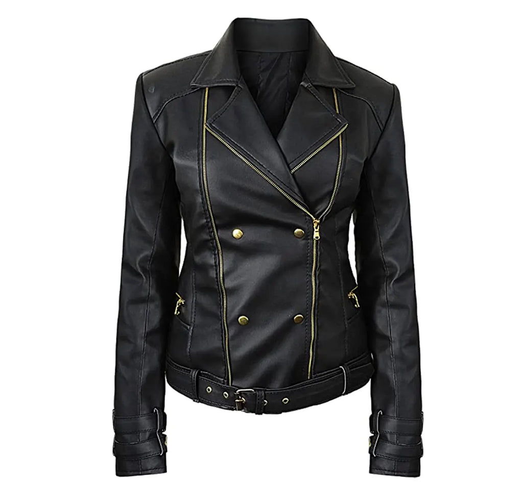 Leather Biker Jacket Women PA218090, Black