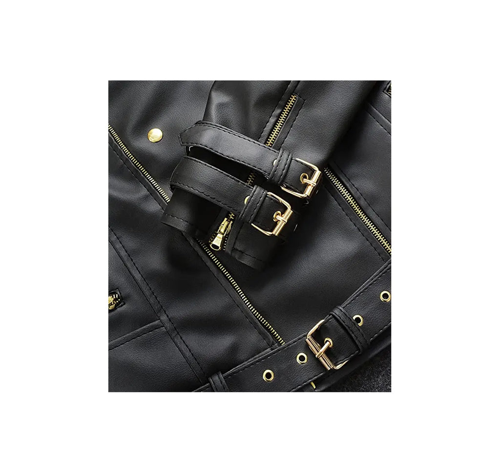 Leather Biker Jacket Women PA218090, Black