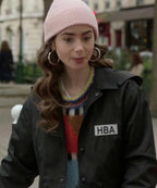 Lily Collins Emily In Paris HBA Logo Cropped Black  Jacket