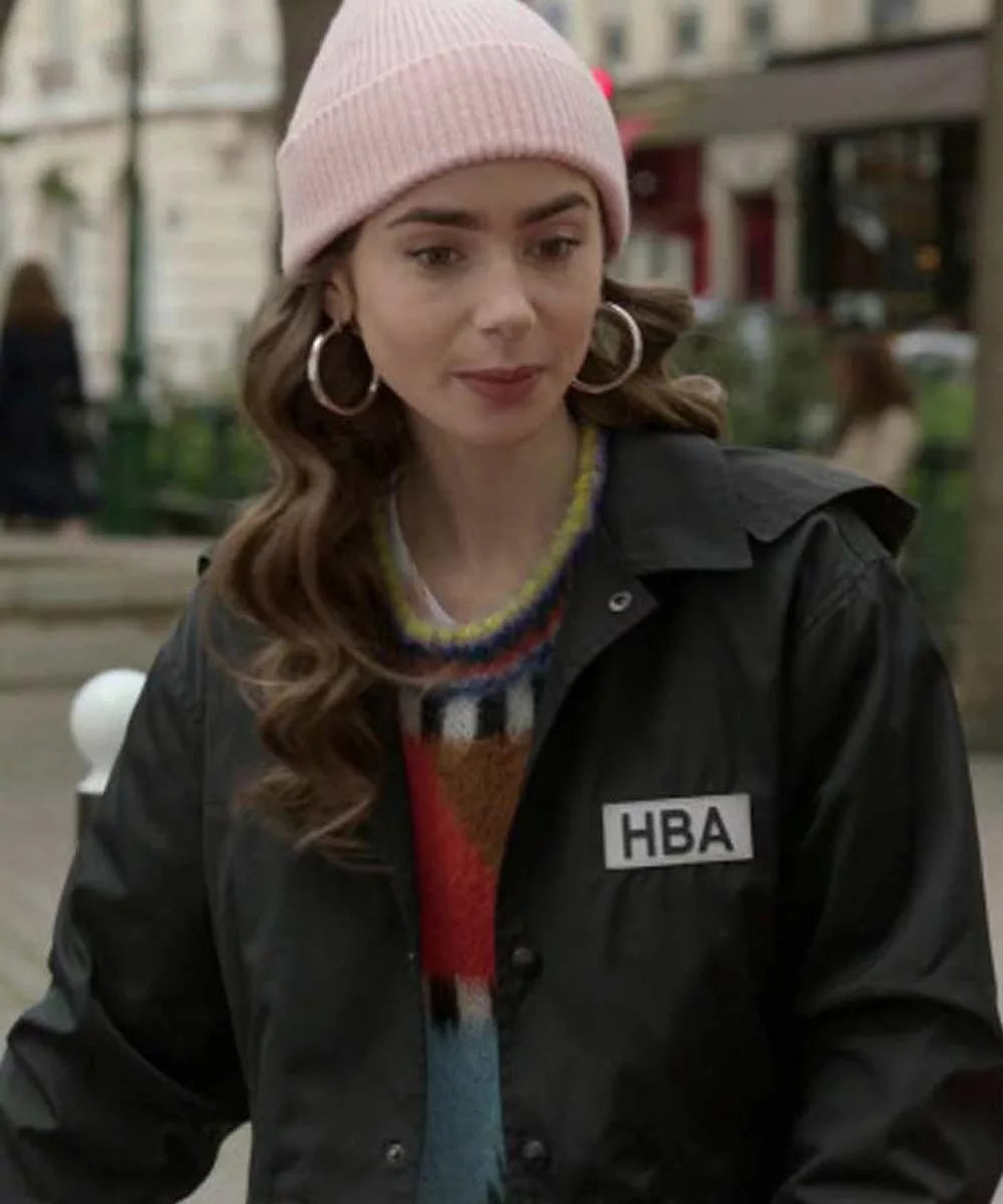 Lily Collins Emily In Paris HBA Logo Cropped Black  Jacket