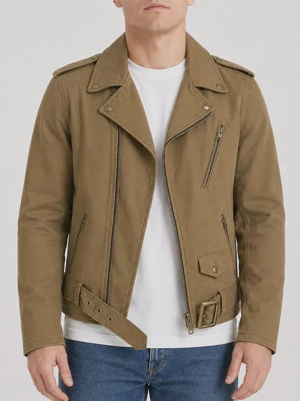 Lionel Hessel Men's Tan Cotton Motorcycle Style ZIP Jacket