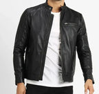 Men Black Collar Strap Leather Jacket Zing Apparel