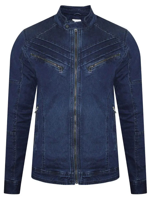Micheal Blue Denim Erect Collar ZIP Jacket