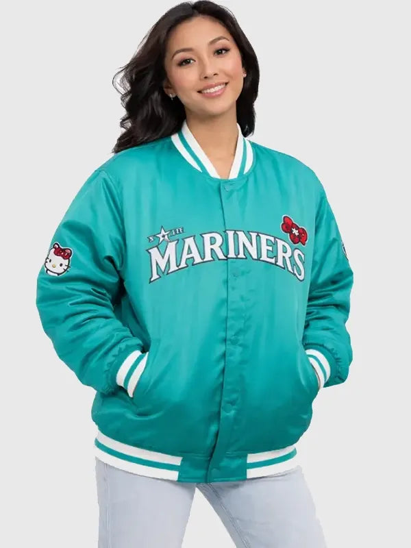 Michelle-Villafuerte-Seattle-Mariners-Hello-Kitty-Green-Bomber-Jacket