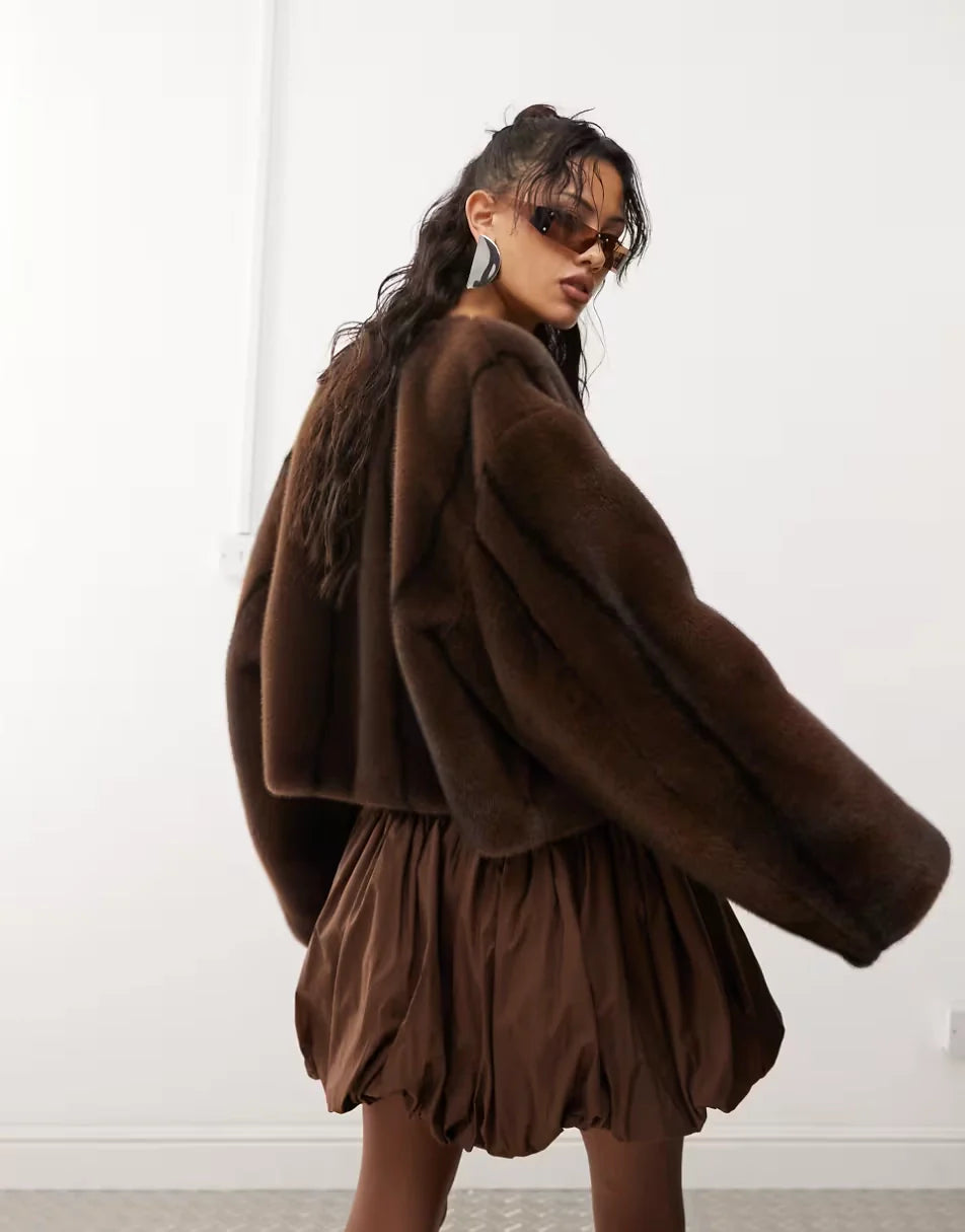 Monki Faux Fur Jacket With Hook And Bar Front In Brown