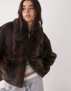 Monki-Short-Faux-Fur-Jacket-Brown