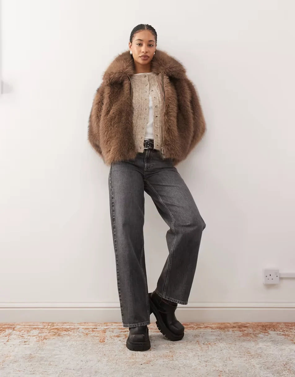 Monki-Short-Faux-Fur-Jacket-Mid-Brown