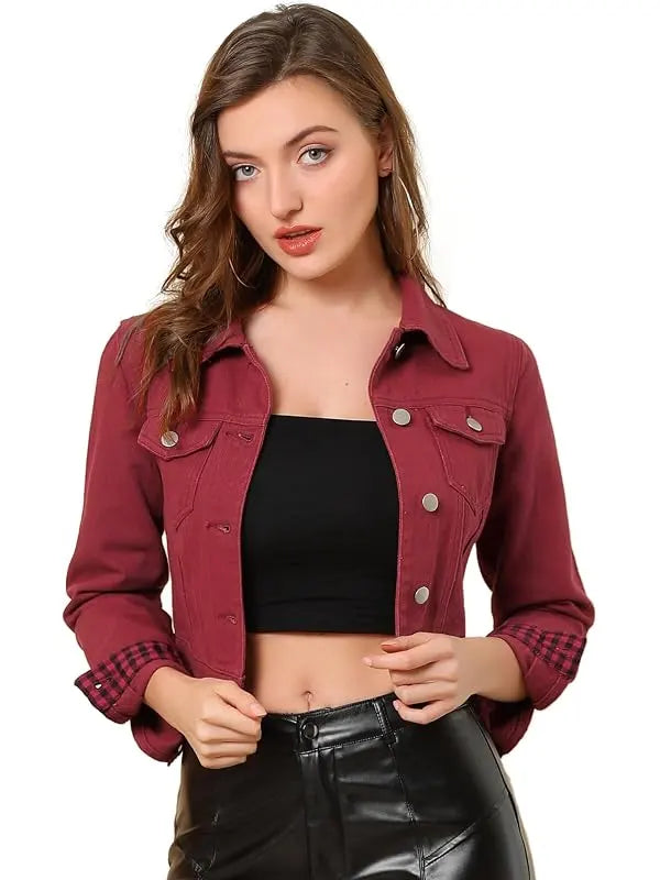 Nina Grimes Women's Slim Fit Cropped Red Denim Jacket