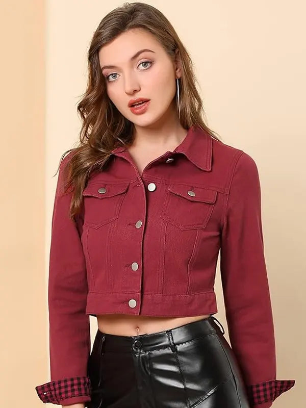 Nina Grimes Women's Slim Fit Cropped Red Denim Jacket