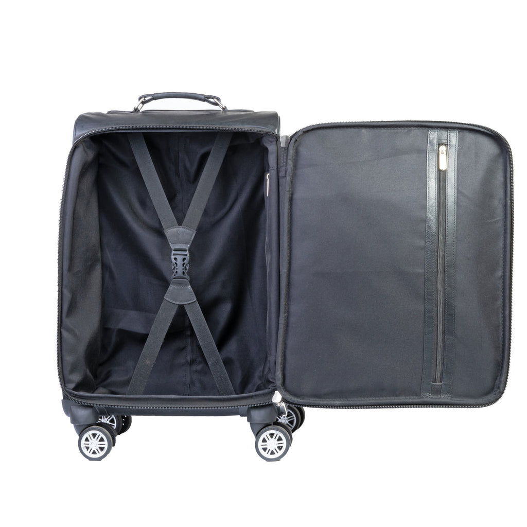 Premium Leather Cabin Trolley Bag, Black Zing Apparel