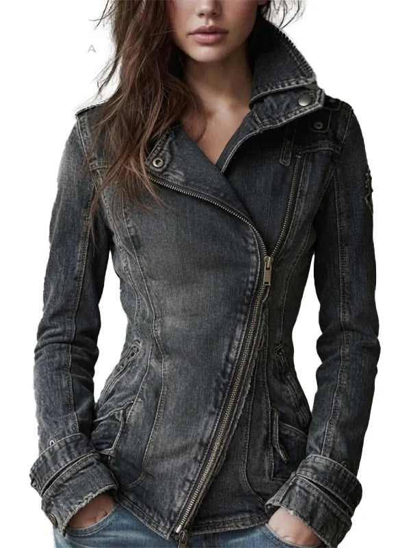 Ora Stroman Black Denim Moto Distressed Asymmetric ZIP Jacket