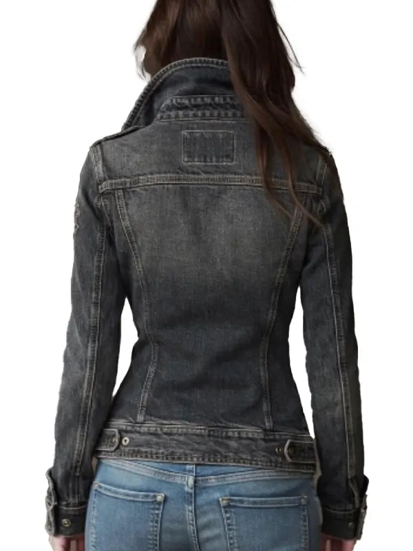 Ora Stroman Black Denim Moto Distressed Asymmetric ZIP Jacket