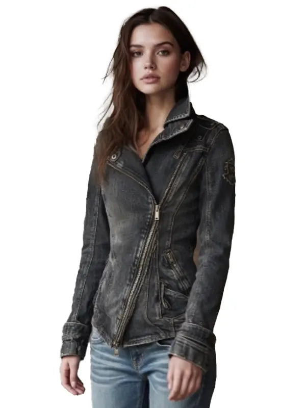 Ora Stroman Black Denim Moto Distressed Asymmetric ZIP Jacket