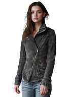 Ora Stroman Black Denim Moto Distressed Asymmetric ZIP Jacket