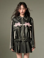 Pink-Bow-Leather-Oversized-Jacket-For-Womens