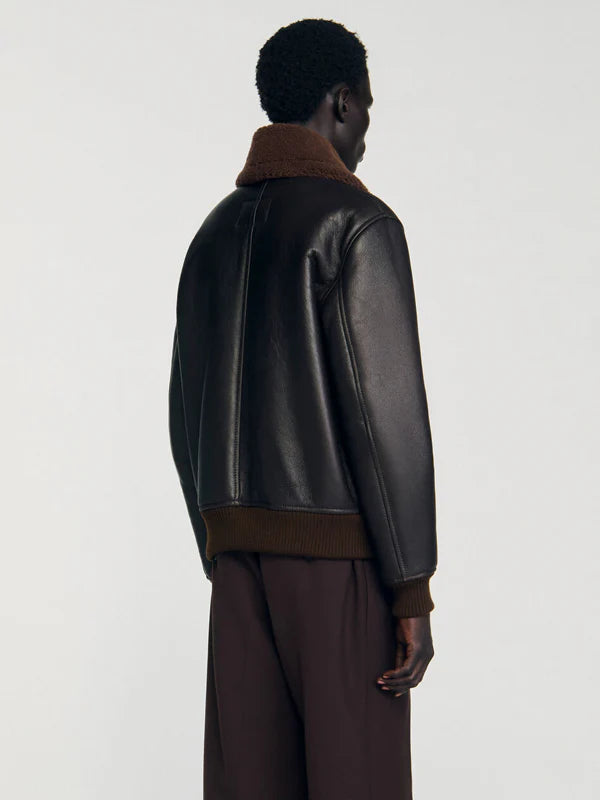 Sandro-Leather-Black-Jacket-With-Fur-Collar