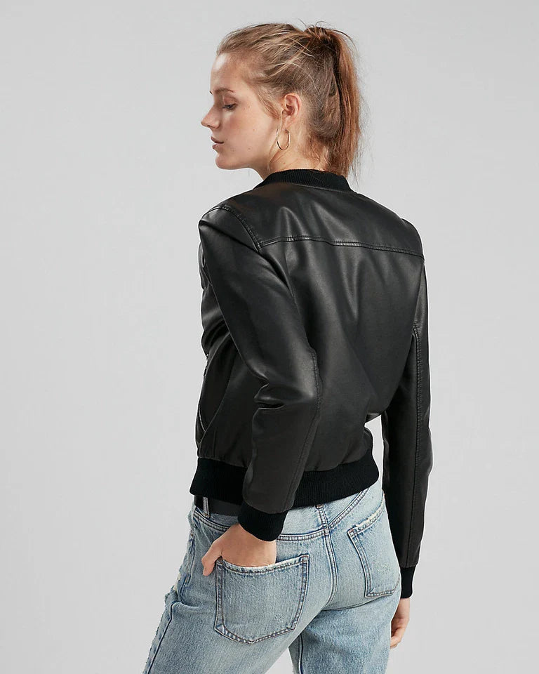 Slim fit leather bomber jacket women