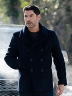 Tom Ellis CIA Black Wool Peacoat