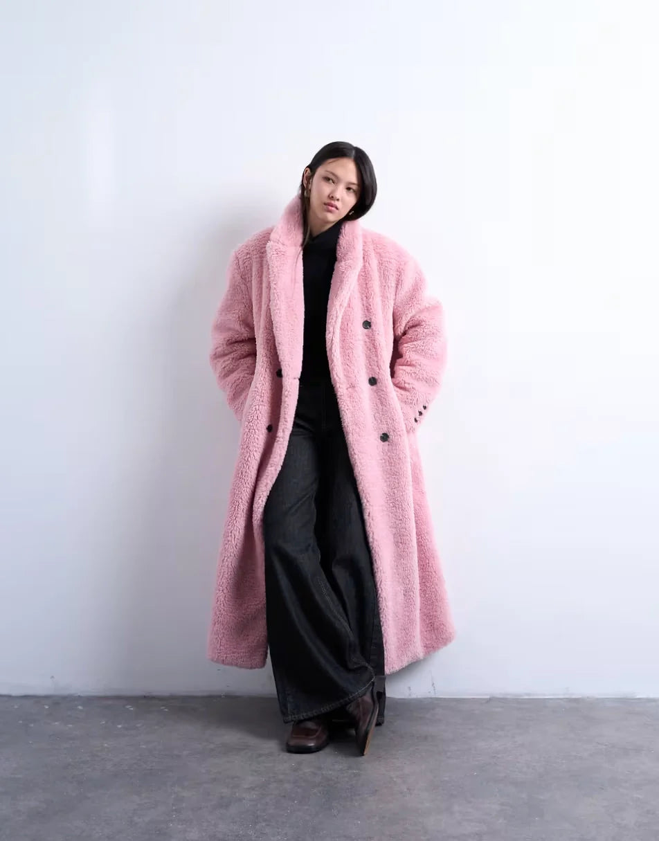 Topshop-Double-Breasted-Teddy-Longline-Womens-Coat