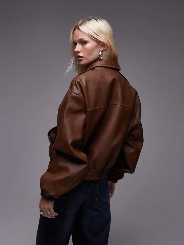 Topshop-Faux-Leather-Oversized-Bomber-Brown-Jacket-Back